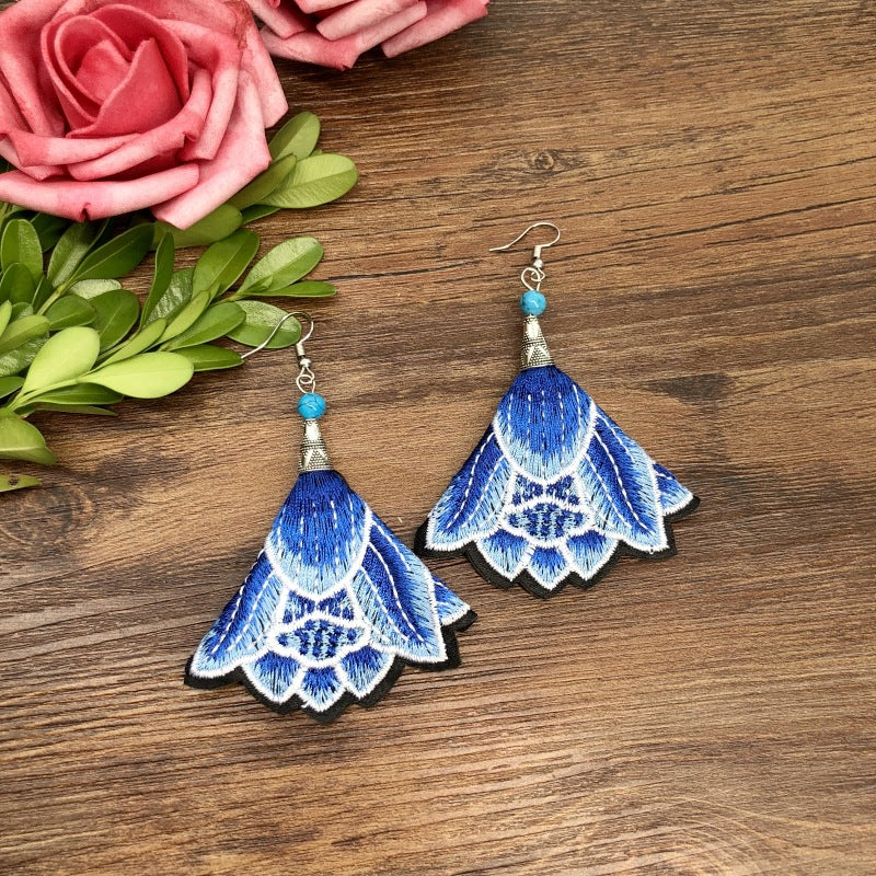 Wholesale Embroidered vintage fabric flower tassel earrings