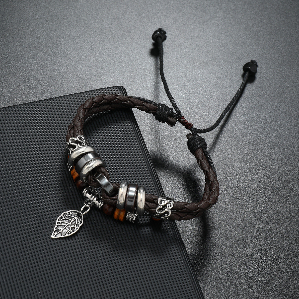 Wholesale Beaded Multi-layer Woven Leaves Men's Leather Bracelet