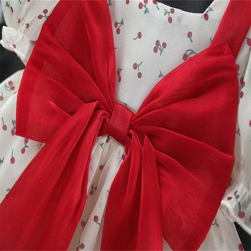 Wholesale Summer Baby Girl Cherry Princess Dress With Bubble Sleeves And Bow Includes Sun Hat Chic Toddler Boutique Resale