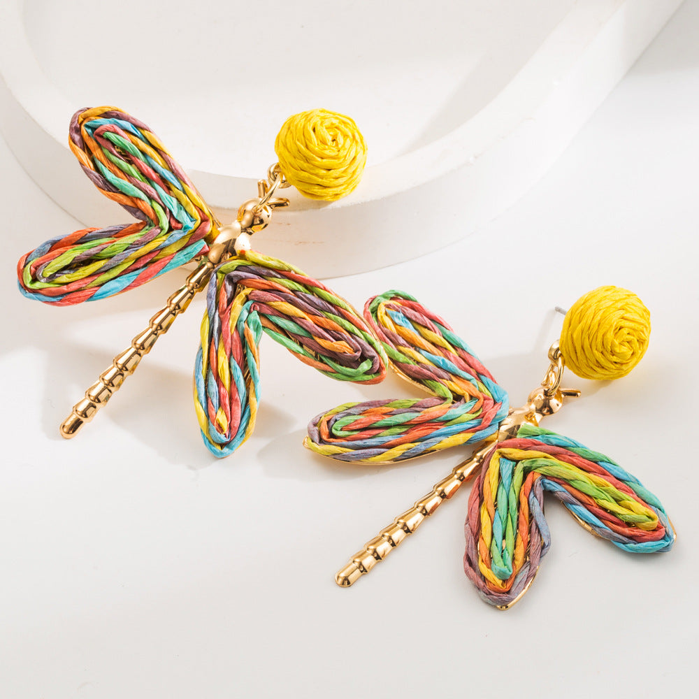 Wholesale Bohemian Holiday Style Hand-woven Raffia Dragonfly Earrings