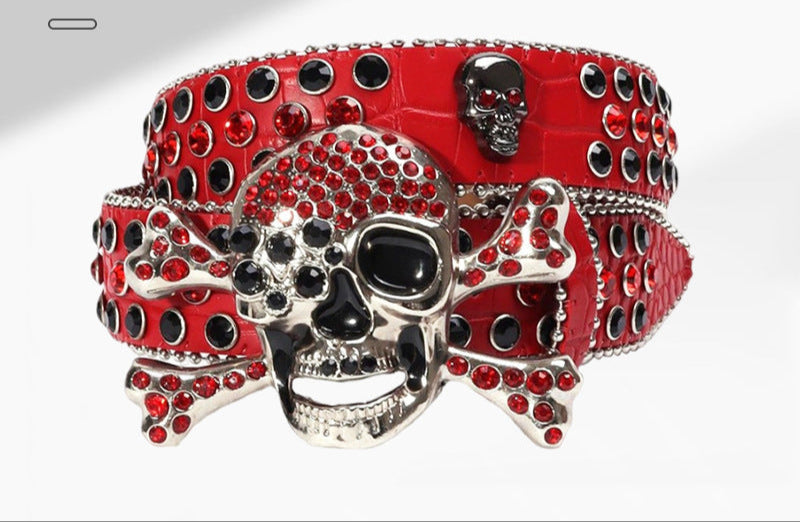 Wholesale Thick imitation leather belt with rhinestone alloy belt and trendy skull belt