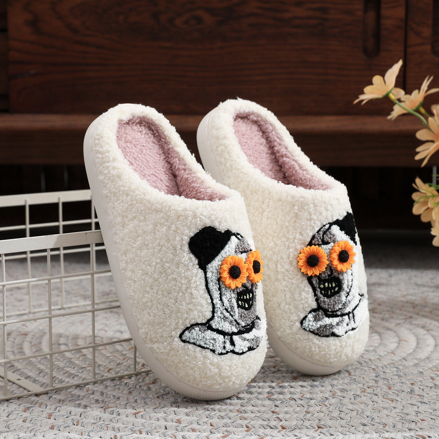 Wholesale Halloween Christmas Horror Night Horror Clown Embroidered Cotton Slippers Men's and Women's Autumn and Winter Plaid Wool Slippers