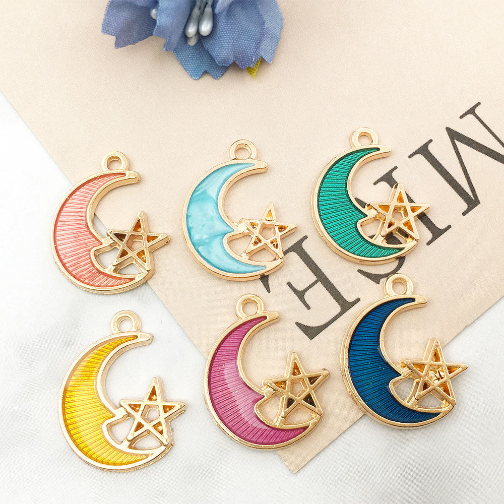 Wholesale Moon Starry Sky Stars Pentagram Drip Oil Alloy Pendant DIY Necklace Pendant Accessories