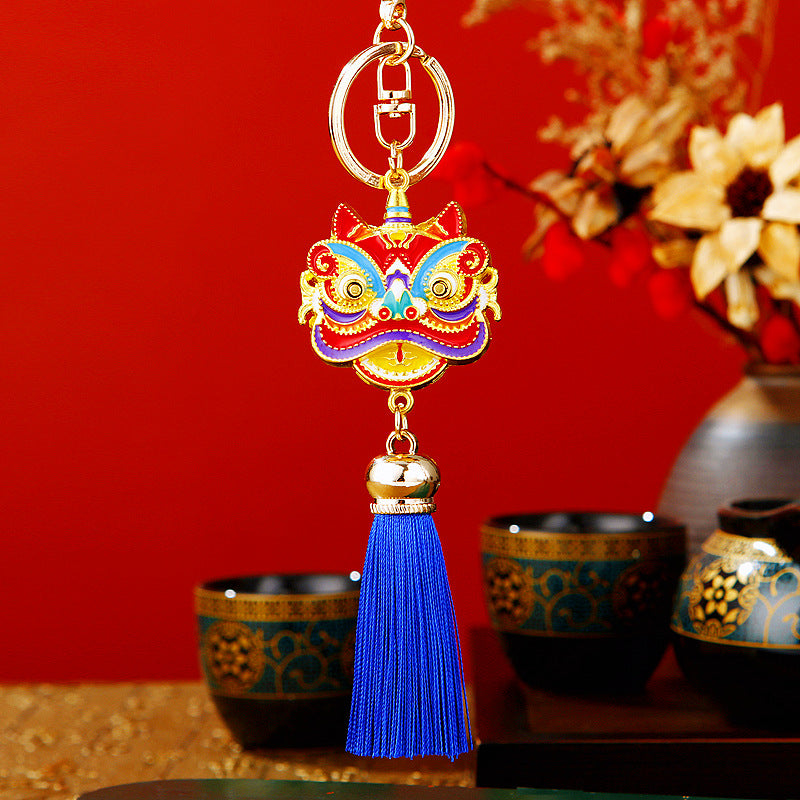 Wholesale Metal Chinese Style Lucky Lion Head Tassel Car Keychain Sapphire Blue Rhinestone Gift For Men Women