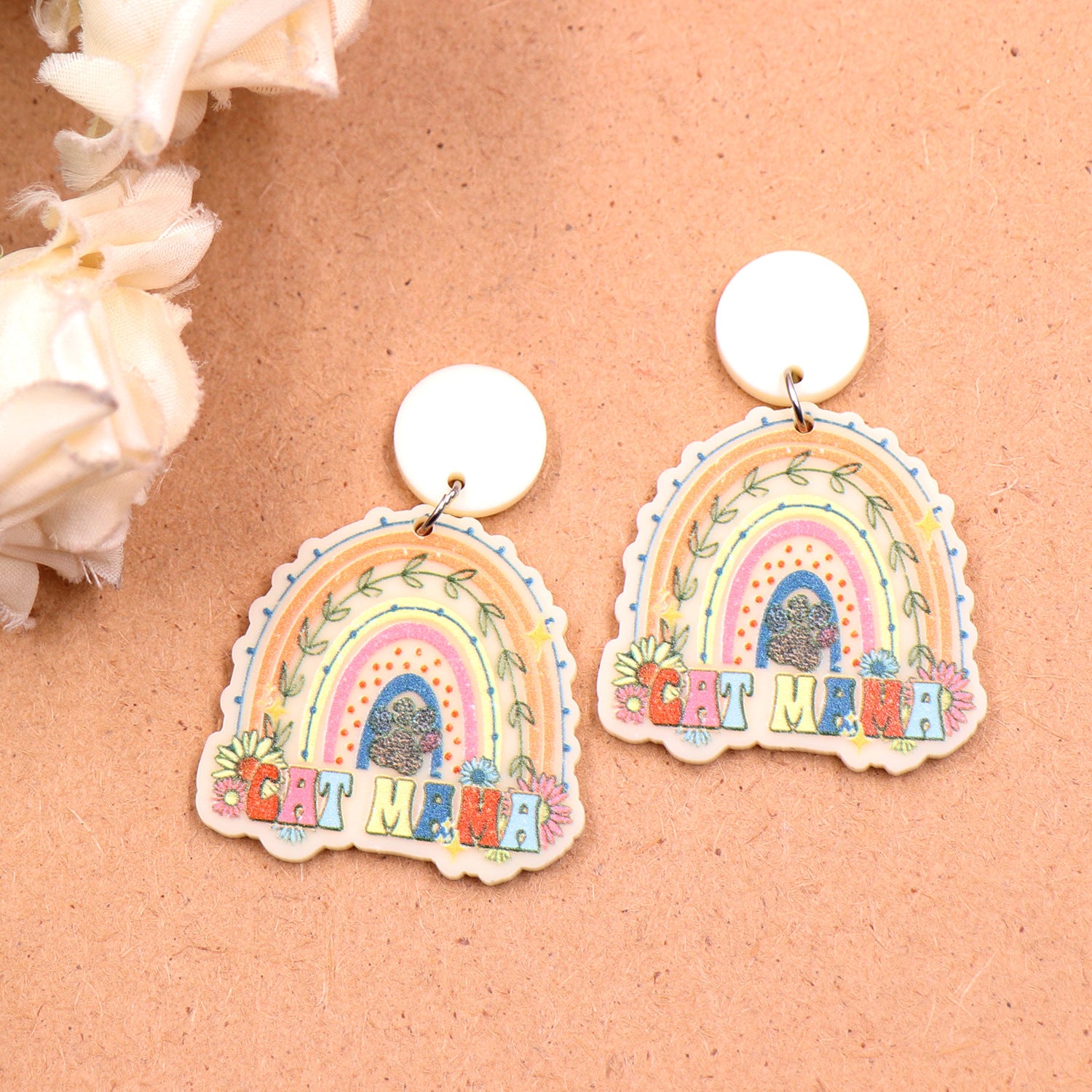 Wholesale Mother's Day Acrylic Rainbow Cat Mama Earrings