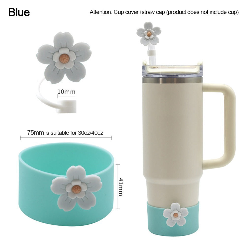 Wholesale Selling silicone insulated cup sleeves flower-decorated cup holders straw caps