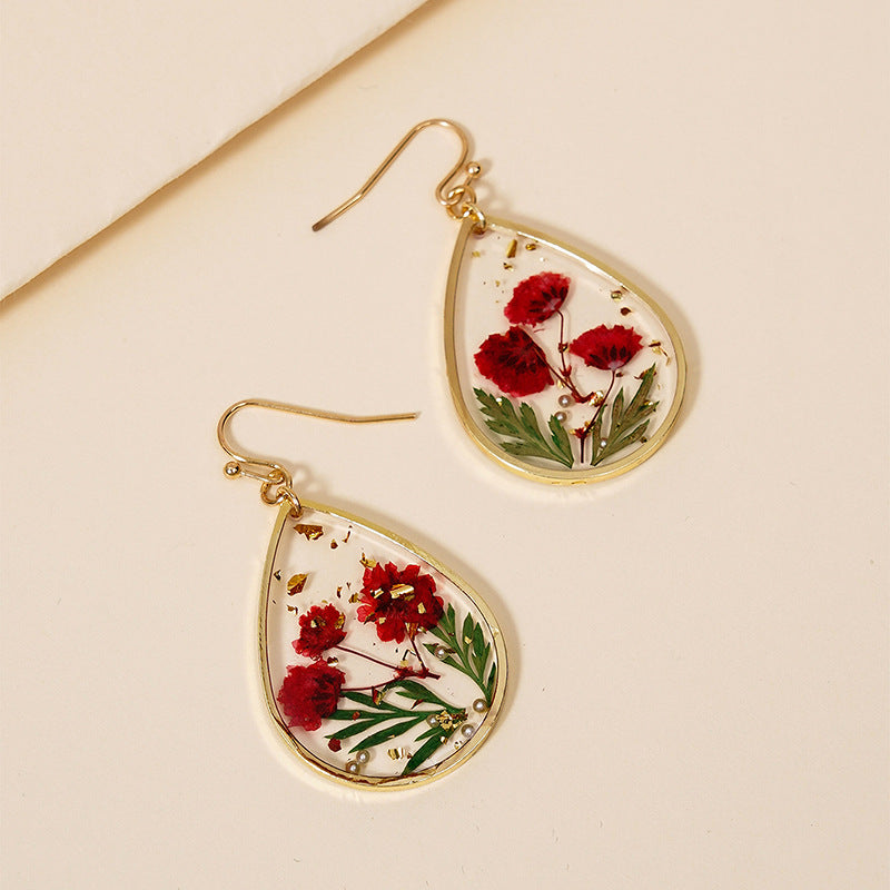 Wholesale Epoxy Leaf Eternal Red Dried Flower Earrings