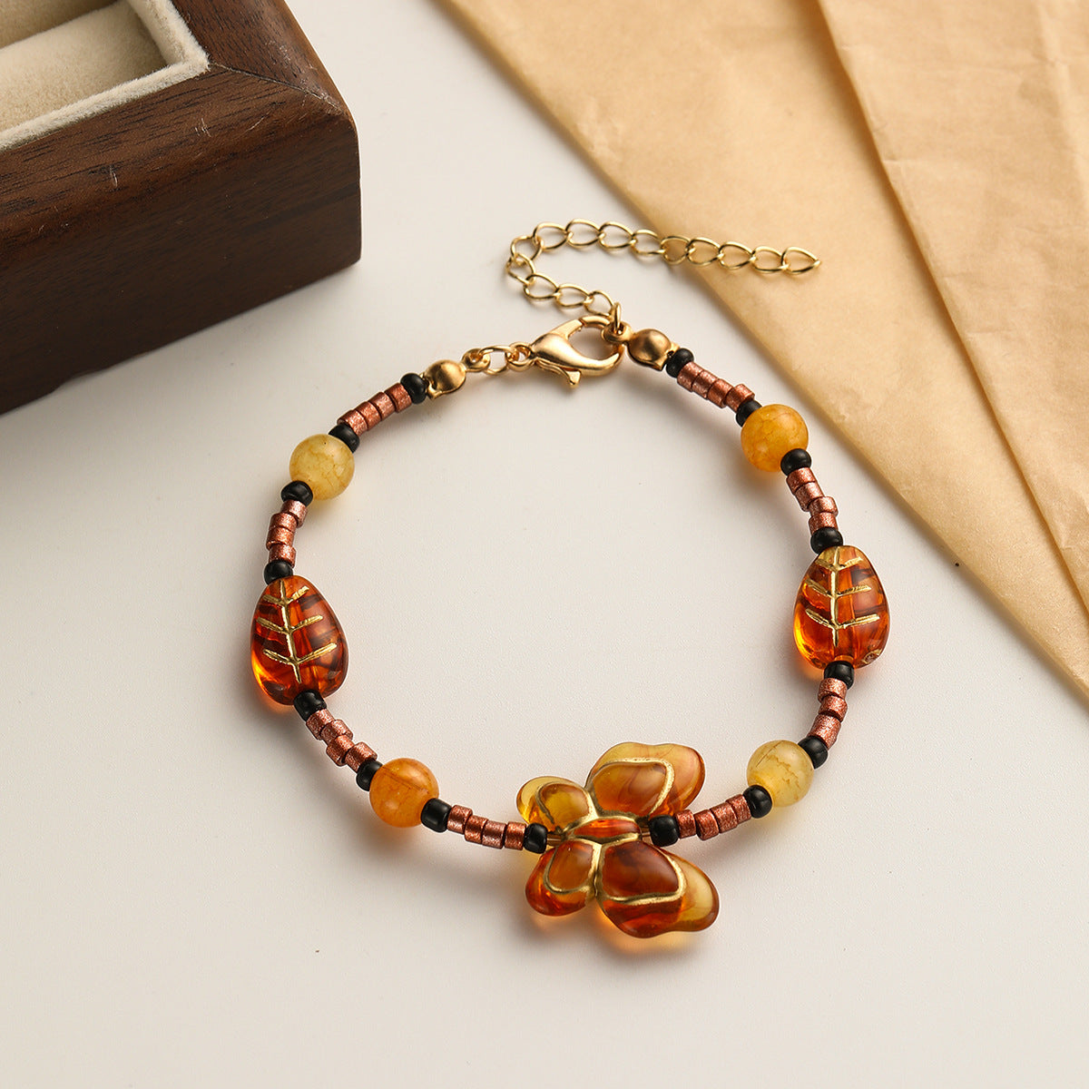 Wholesale Antique Golden Literary Retro Colorful Beaded Glass Bracelet