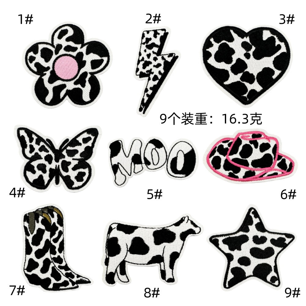 Wholesale Trendy Cow Embroidery Patch Cute Black White Cartoon Design With Lightning Heart For Clothing And DIY Craft Supply