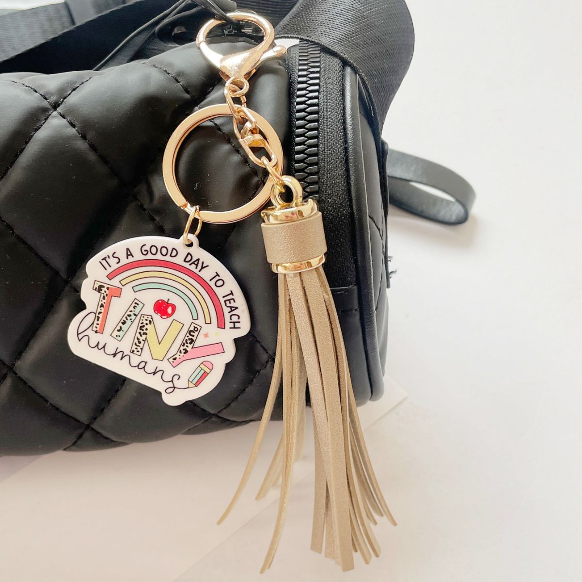 Wholesale Teacher Gifts Acrylic PU Tassel Bag Charm Keychain