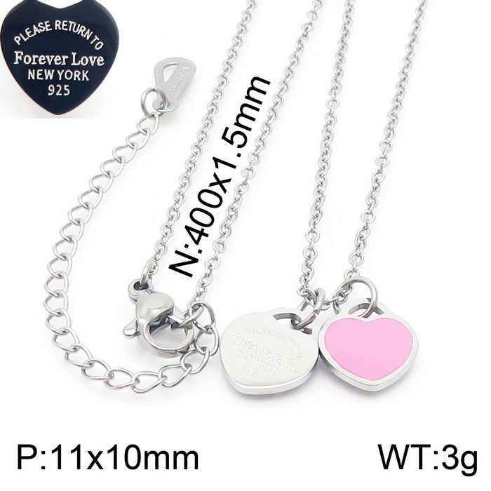 Wholesale 18K Gold-plated Heart-shaped Open Glossy Clavicle Chain Multi-color Epoxy Titanium Steel Ring Set