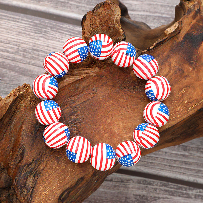 Wholesale American Independence Day Stars and Stripes Bright Color Wooden Beaded Bracelet
