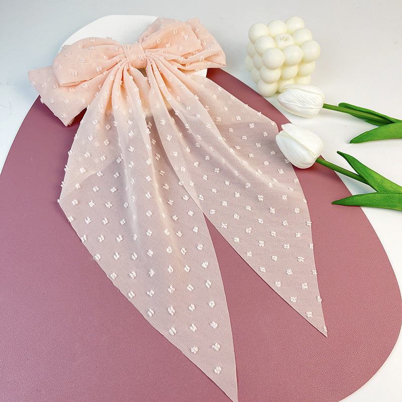 Wholesale Chiffon Long Polka Dot Fabric Big Bow Hair Clip
