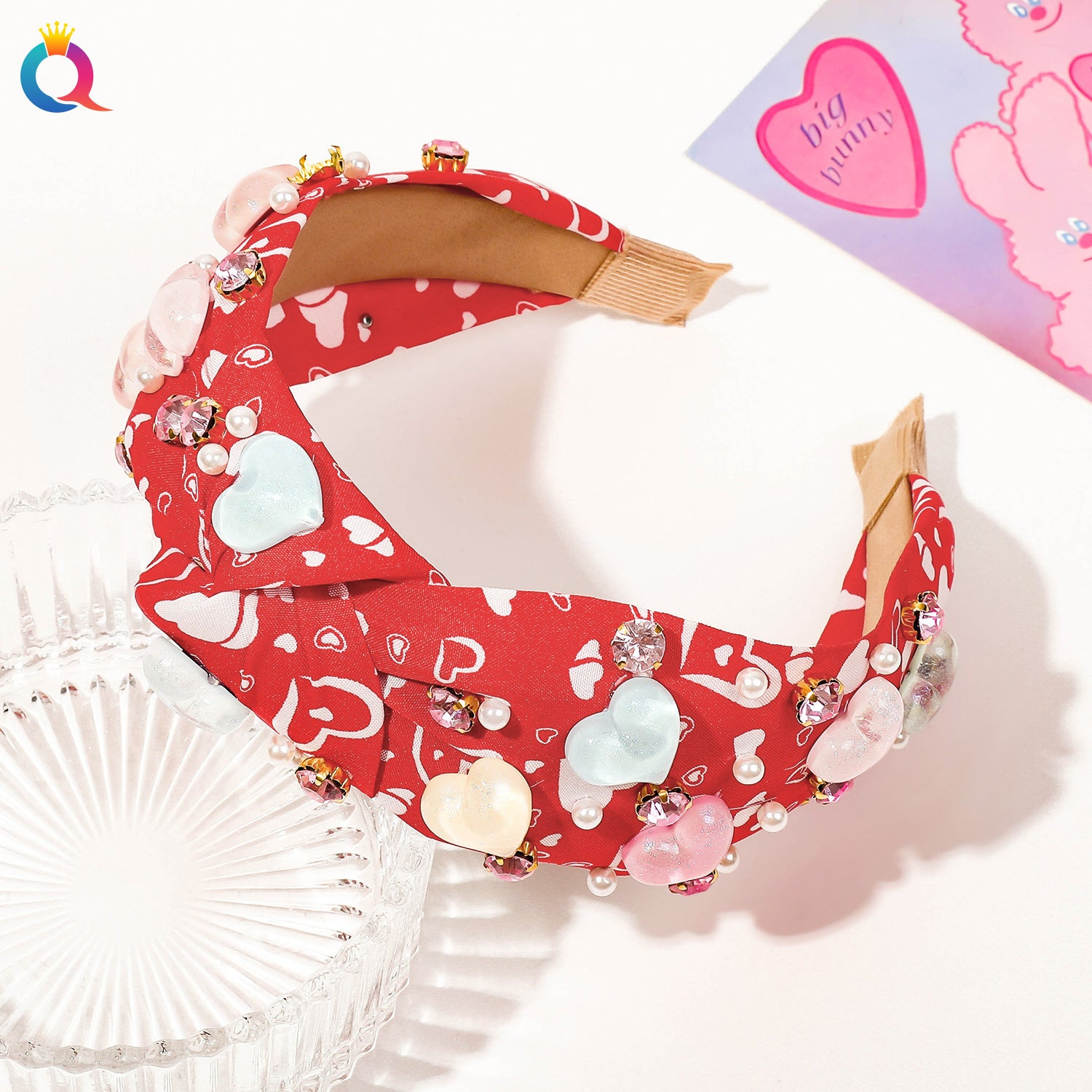 Wholesale Valentine's Day Pink Love Hairpin Fabric Wide-brimmed Headband Hairpin