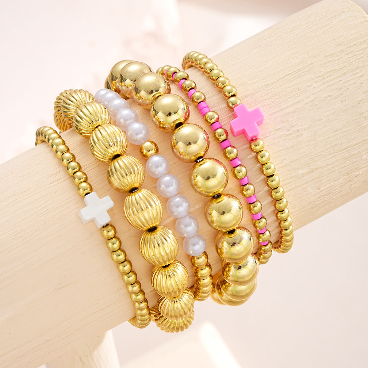 Wholesale Colorful Fashion Dopamine Cross Pearl Bracelet 6-piece Set