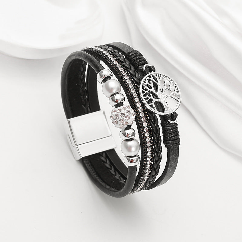 Wholesale Ethnic style imitation pearl diamond ball magnetic clasp woven bracelet