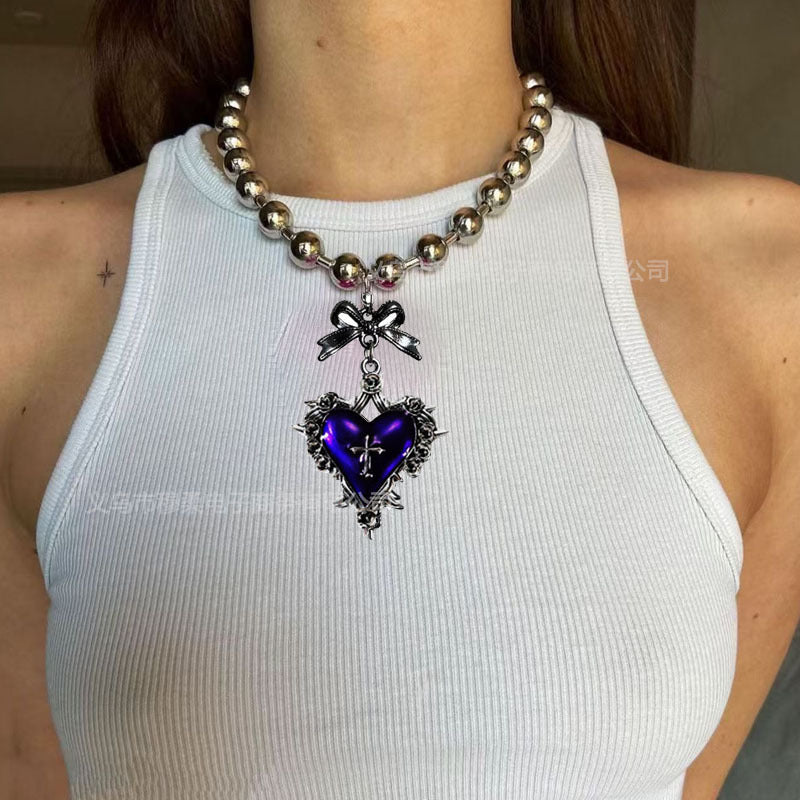 Wholesale Retro dark gothic punk red and black love bow cross metal necklace