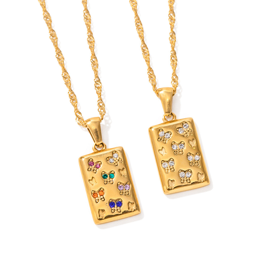 Wholesale Retro Square Butterfly White Diamond Stainless Steel Necklace