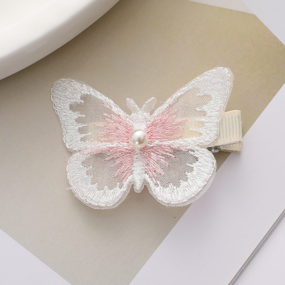 Wholesale fairy cute bangs clip phantom color double organza embroidery butterfly hair clip