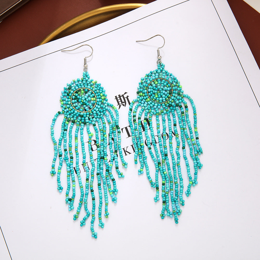 Wholesale Geometric Round Dreamweaver Mesh Rice Beads Tassel Earrings