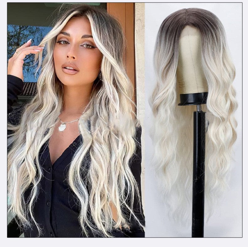 Wholesale Middle-parted gradient yellow long curly hair women's big wave rose net wig