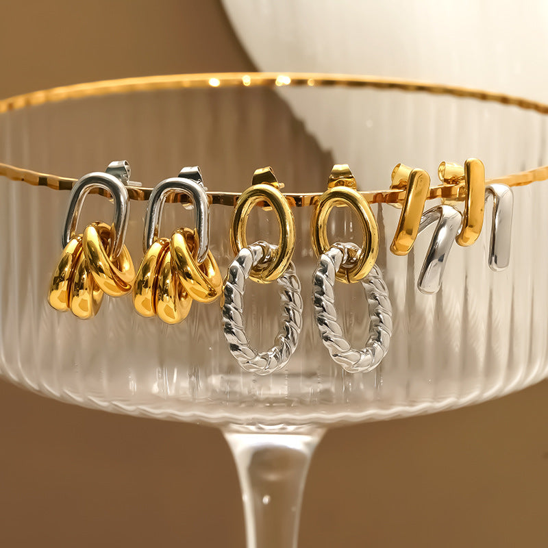 Wholesale Oval Color Matching Circle Earrings Gold and Silver Twist Chain Stainless Steel Earrings