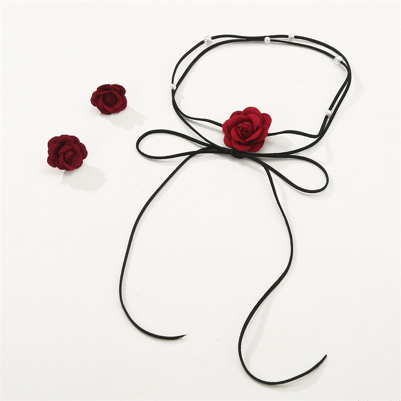 Wholesale Denim Camellia Beaded Strap Necklace Earrings Set