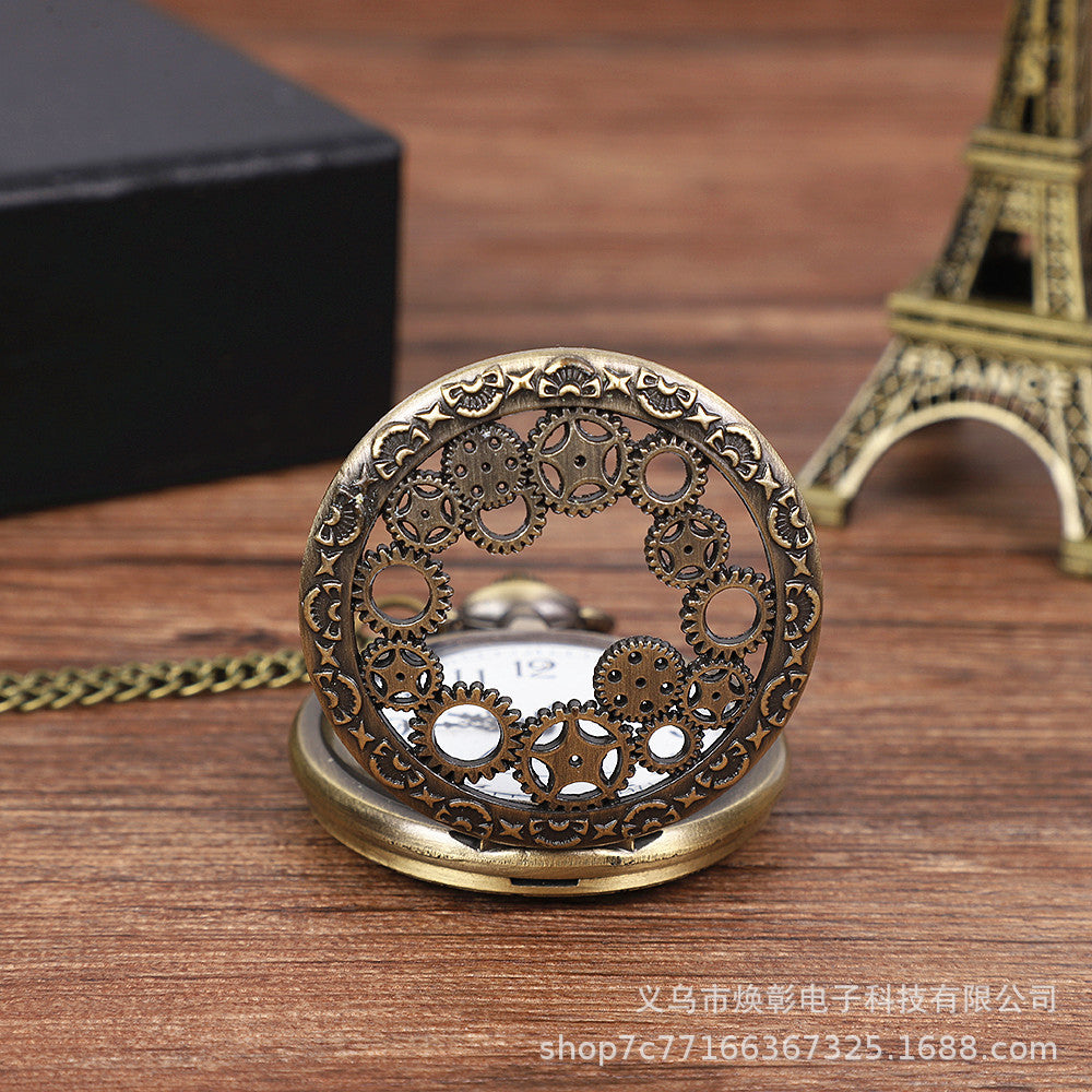 Wholesale Large black gear retro hollow flip quartz pocket watch