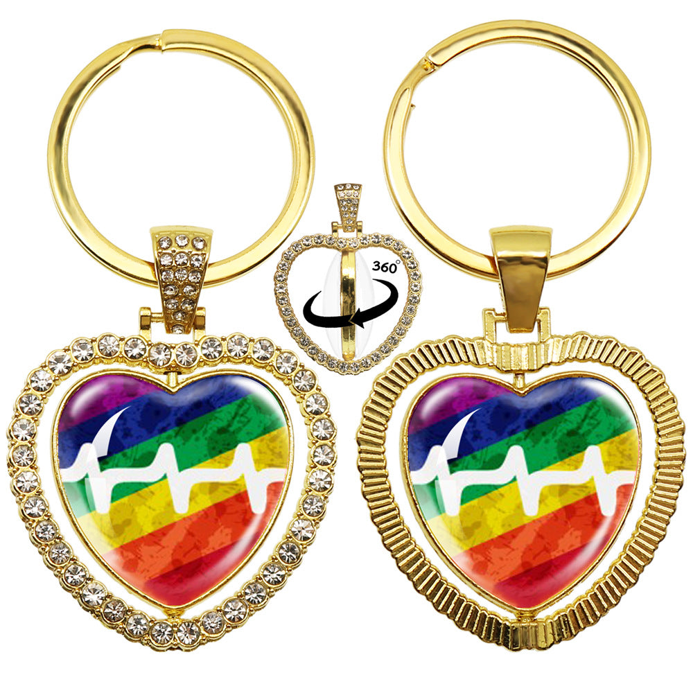 Wholesale LGBT Rainbow Rhinestone Heart Shaped 360 Degree Rotating Double Sided Metal Keychain