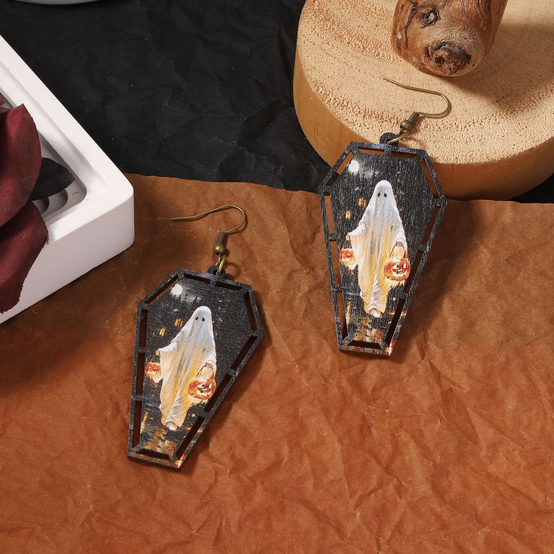 Wholesale Vintage Halloween Wooden Printed Skull Earrings