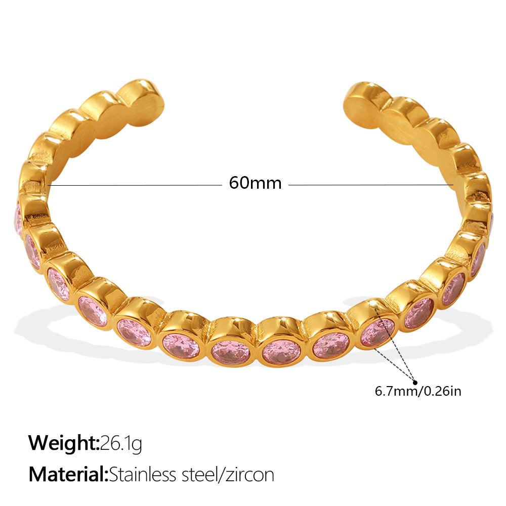 Wholesale Stainless Steel C Shape Open Bangle Bracelet With Multicolor Zircon Stones Retro Stackable Design For Everyday Wear And Gift