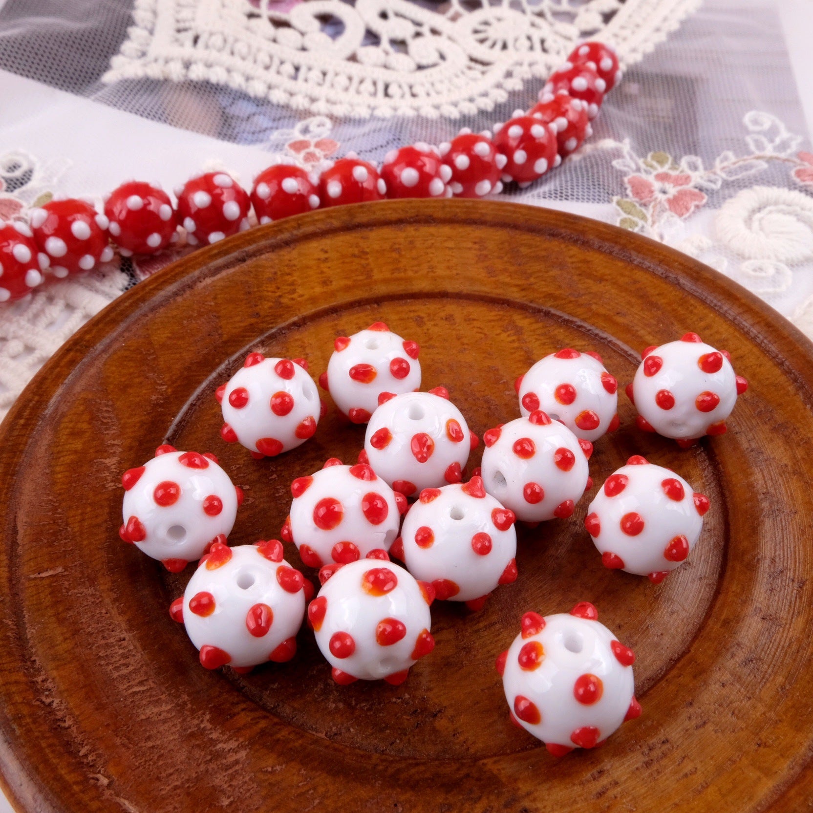 Wholesale 2pcs Handmade Glass Polka Dot Ball Red White Colorful Beads