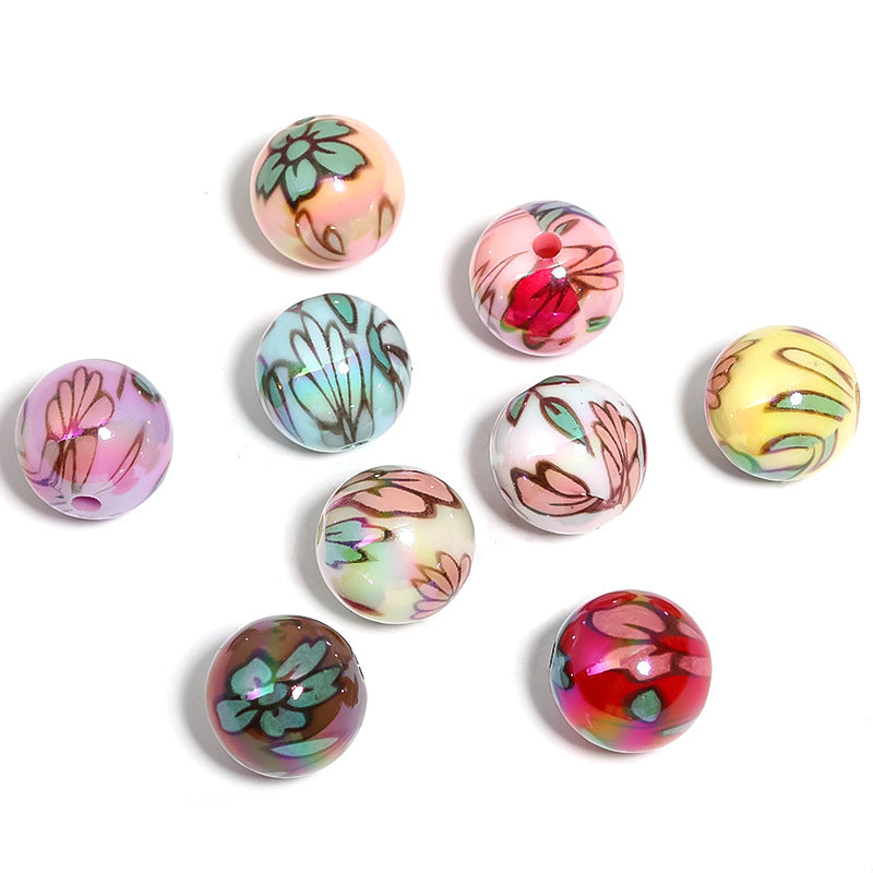Wholesale 100pcs 16mm Color Plated Printed Round Beads Flower Acrylic Diy Beads