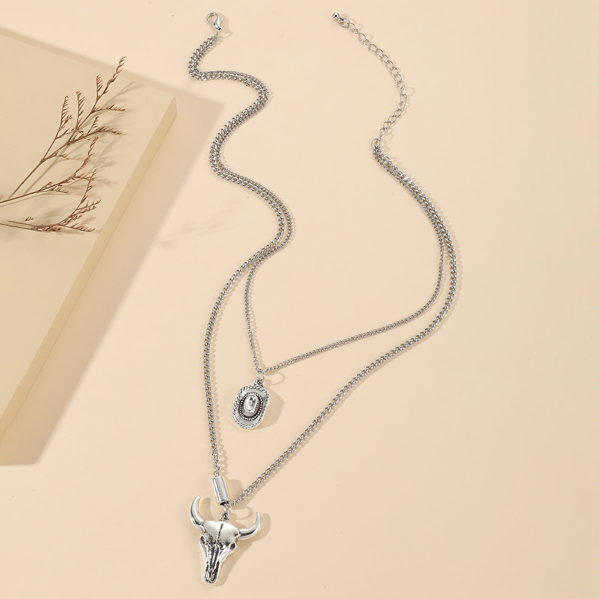 Wholesale Retro Hat Bull Head Pendant Double Chain Stacked Alloy Necklace