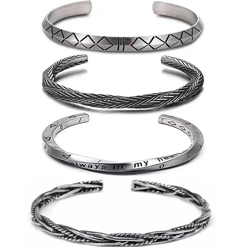 Wholesale Retro Woven Twist Open Cuff Men S Bracelet Geometric Design Silver Tone Jewelry Accessory Trendy Boutique Resale Gift