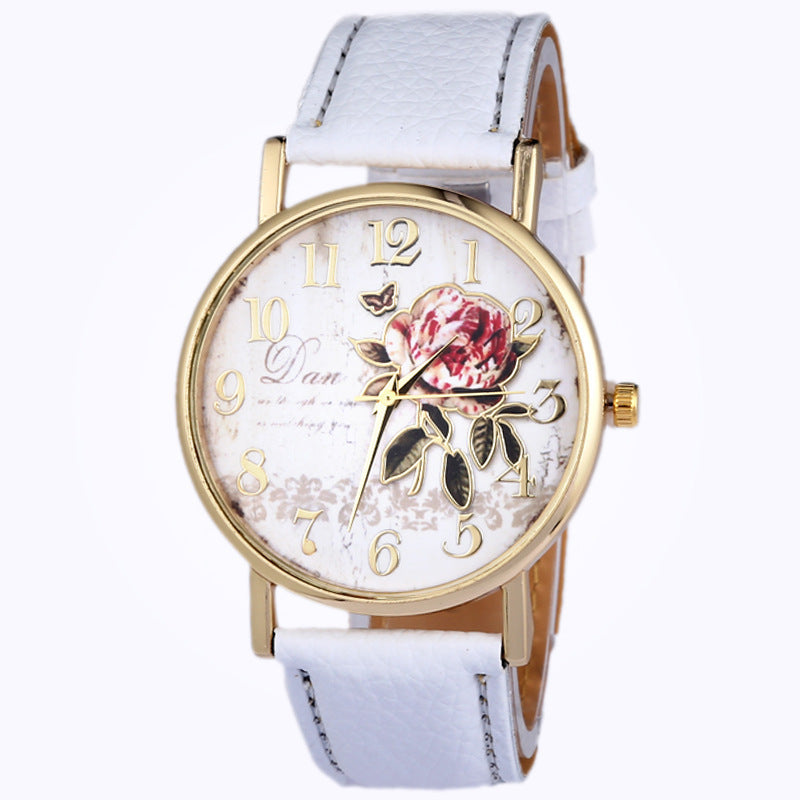Wholesale Glass Mirror Imitation Leather Strap Rose Pattern Watch