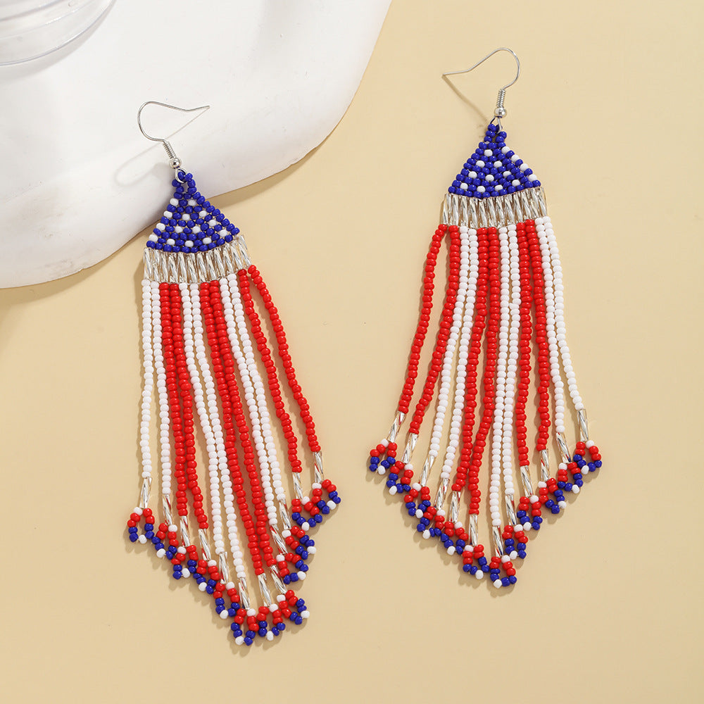 Wholesale of American Flag Rice Bead Tassels Hand Woven Earrings