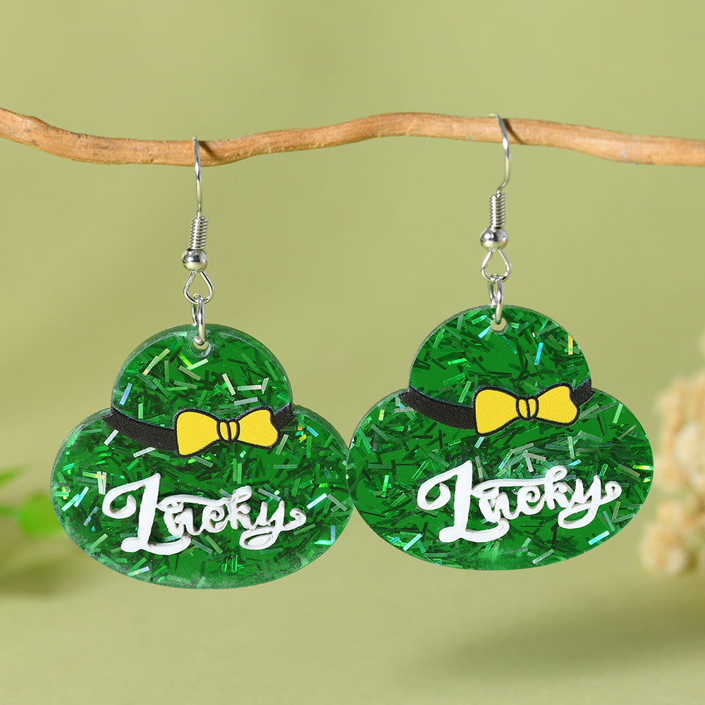 Wholesale St. Patrick's Day Green Hat Lucky Grass Clover Exaggerated Carnival Acrylic Double-Sided Earrings