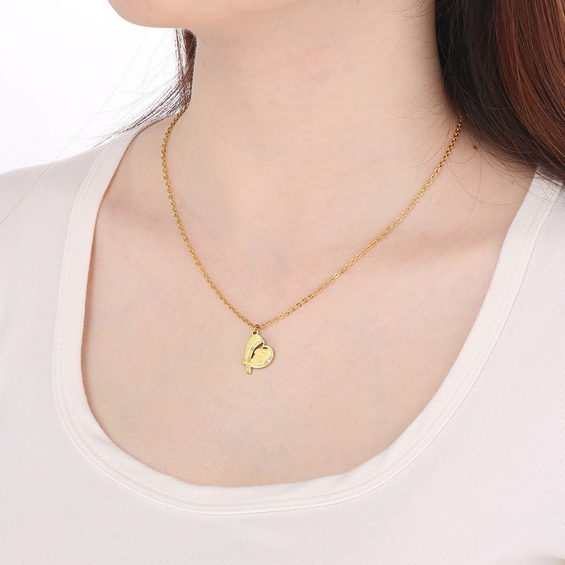Wholesale Mother' s Day Diamond studded Hollow Moon Love Stainless Steel Necklace