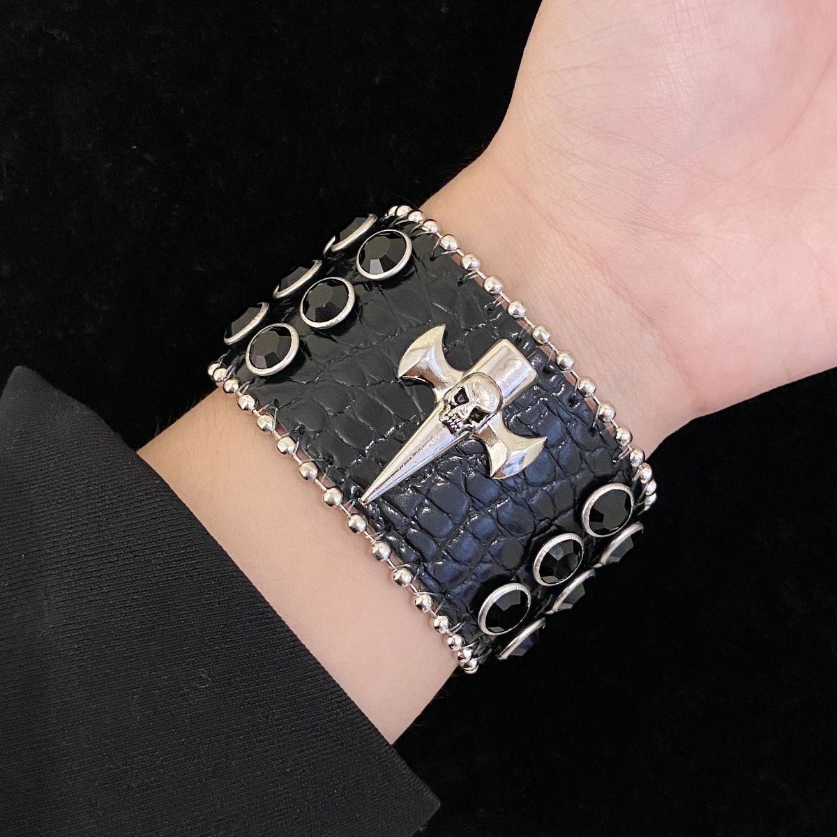 Wholesale Punk Leather Rivet Skeleton Wide Edge Bracelet