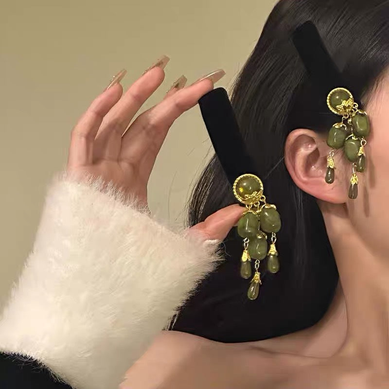 Wholesale Autumn and winter retro olive sapphire green tassel Chinese fake earrings ancient style headdress hairpin
