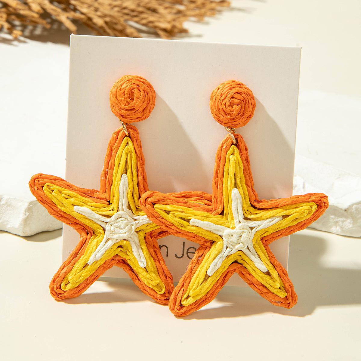 Wholesale 2PCS/Pack Hand-woven raffia holiday style earrings Fashion summer color matching beach style earrings