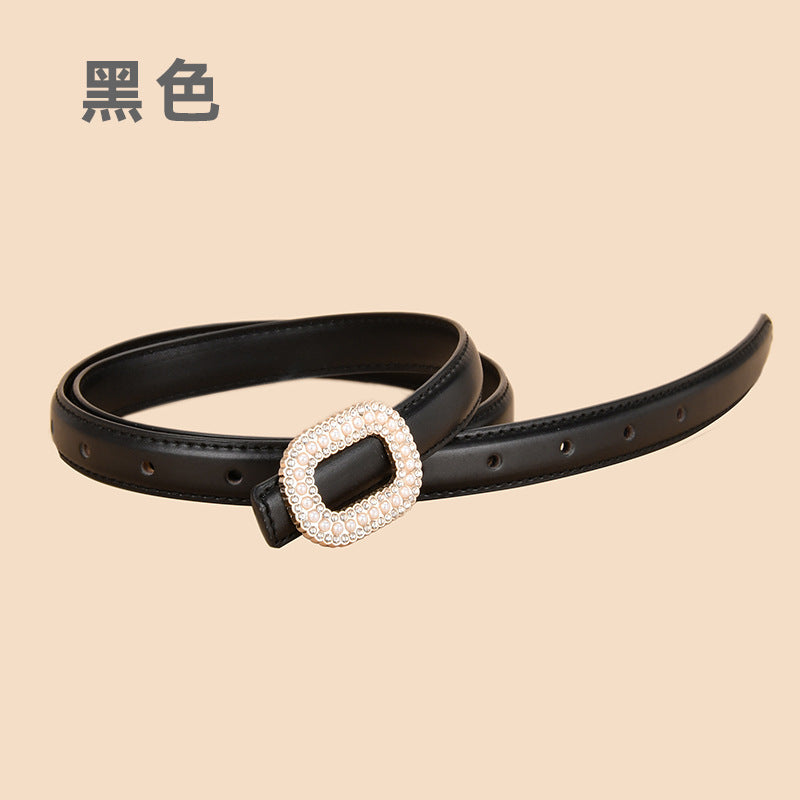 Wholesale Versatile Genuine Leather Belt with Round Buckle Inlaid with Pearls and Rhinestones
