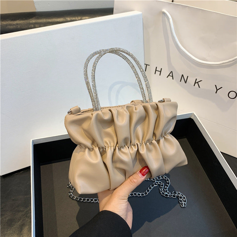 Wholesale Rhinestone Candy Color Pleated Shoulder Small Square Bag