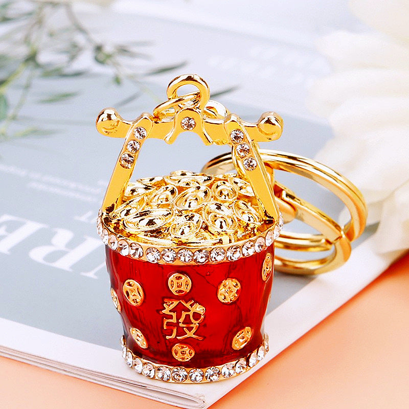 Wholesale Chinese Style Fortune Bucket Keychain Red Zinc Alloy Cornucopia Car Key Ring Decorative Bag Charm Gift