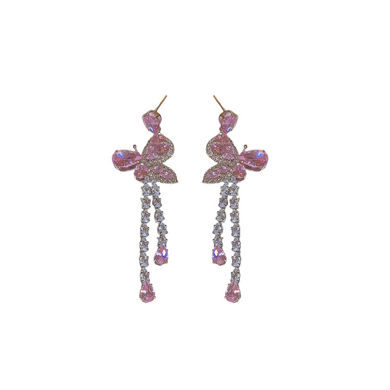 Wholesale Silver zircon pink butterfly water drop sweet long tassel earrings