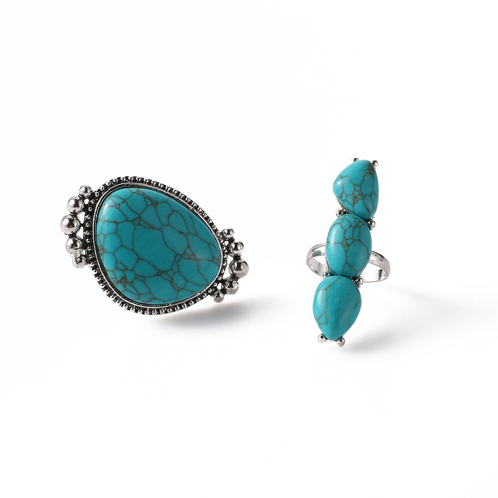 Wholesale Vintage Bohemian Large Turquoise 2-Piece Ring Set