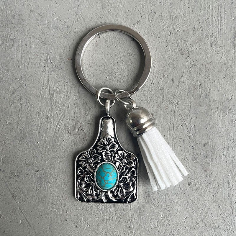 Wholesale 3PCS/PACK Turquoise Alloy Vintage Cow Tag Pendant Keychains
