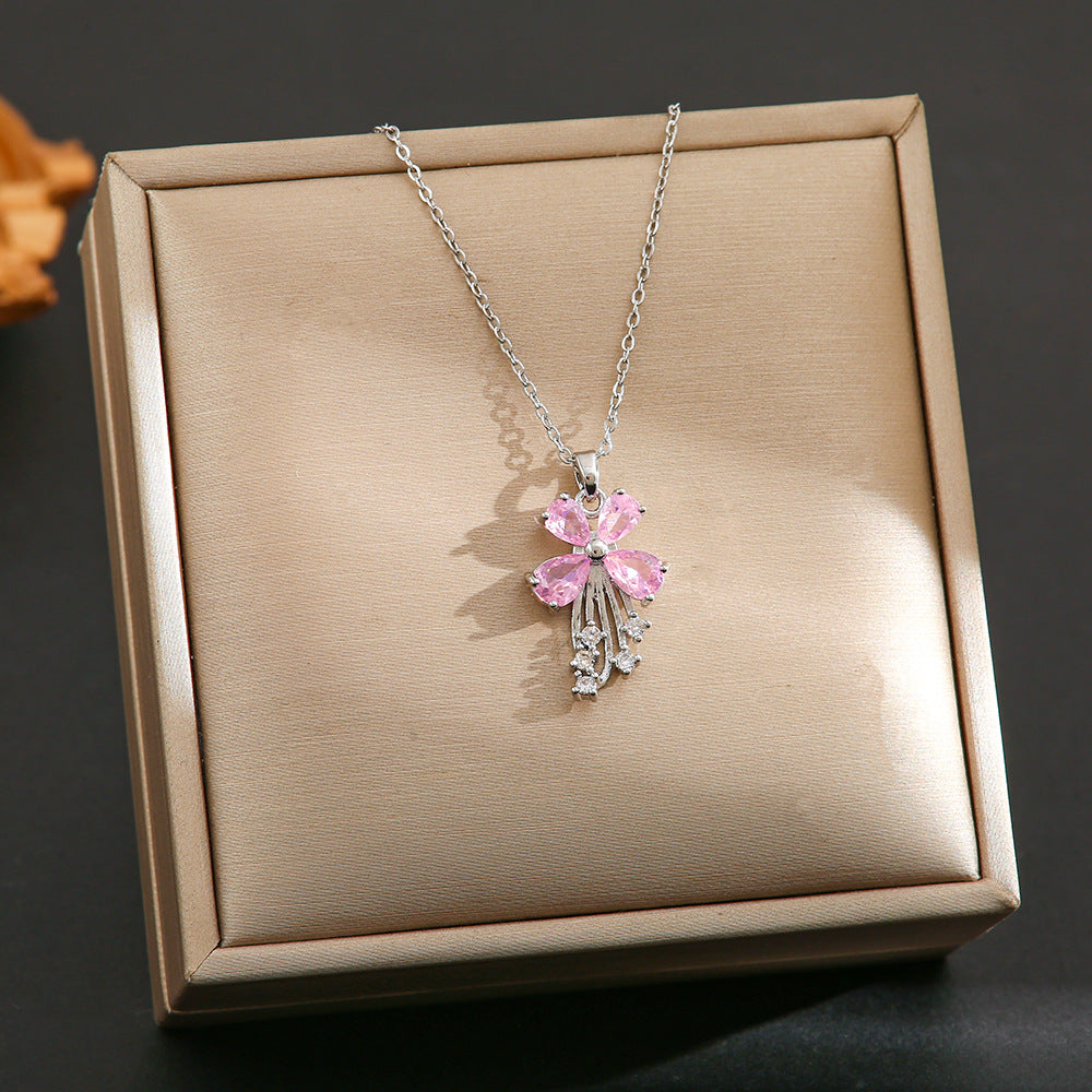 Wholesale Silver titanium steel necklace with powder zirconium inlay