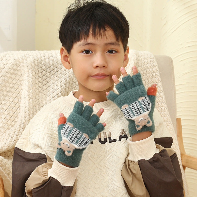 Wholesale Winter Thickened Children's Cartoon Panda Half Finger Flip Gloves